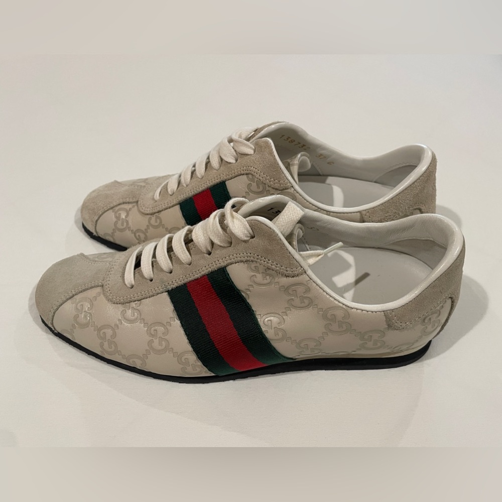 GUCCI Guccissima Leather Monogrammed GG Suede Striped Sneaker, Size 7 - Picture 2 of 10
